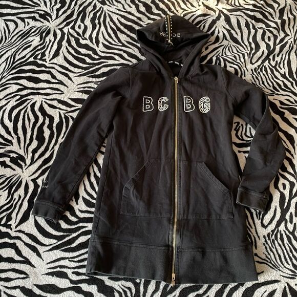 BCBG rhinestone bedazzled jeweled black long sleeve sweater hoodie dress Y2K - Picture 2 of 13